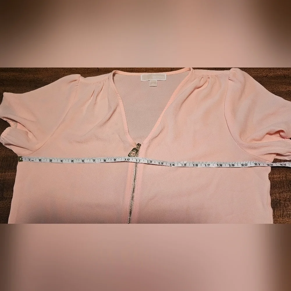 Michael Kors Women’s Sheer Solid Peach Short Sleeve Half Zip Blouse Size L
